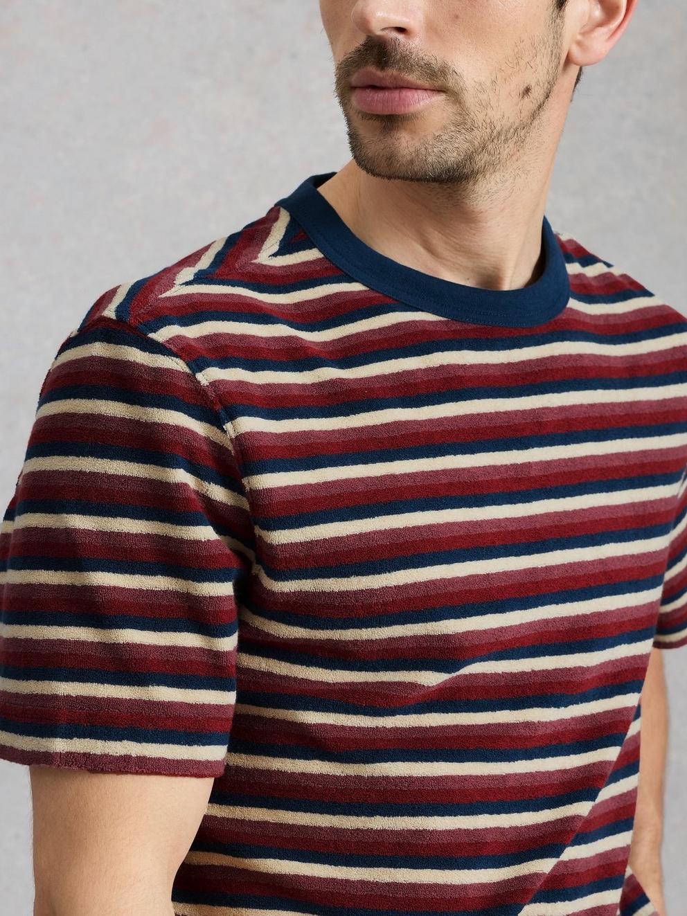 Totten Towelling Stripe Tee in RED MLT - MODEL DETAIL
