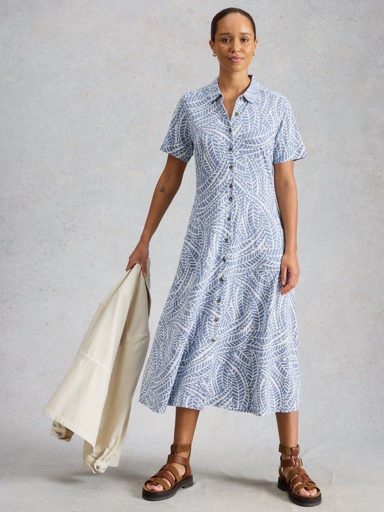 Rua Print Jersey Shirt Dress in BLUE MLT - MODEL DETAIL
