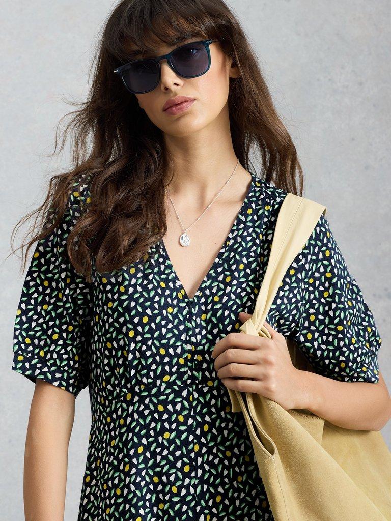 Megan Jersey Dress in NAVY MULTI - MODEL DETAIL