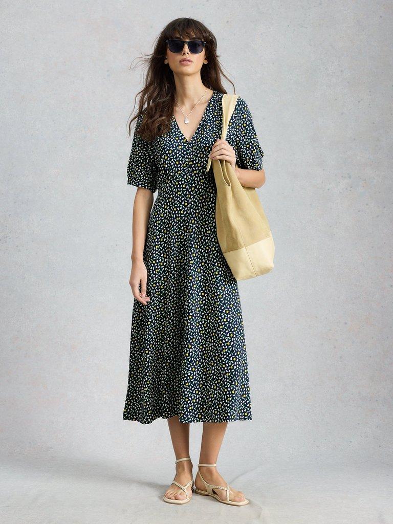 Megan Jersey Dress in NAVY MULTI - MODEL FRONT
