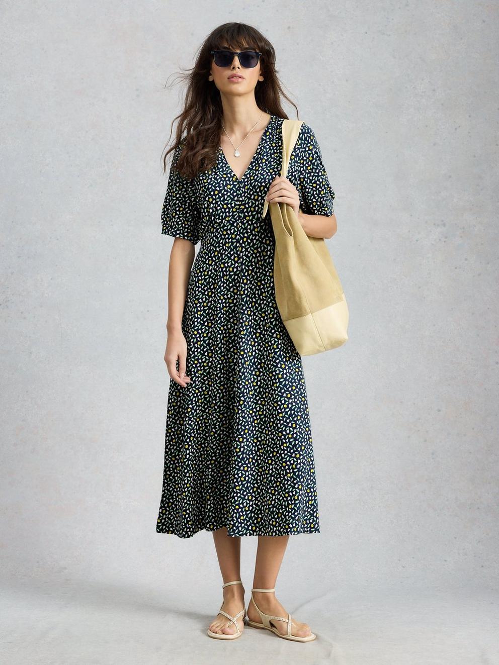 Megan Jersey Dress in NAVY MULTI - MODEL FRONT