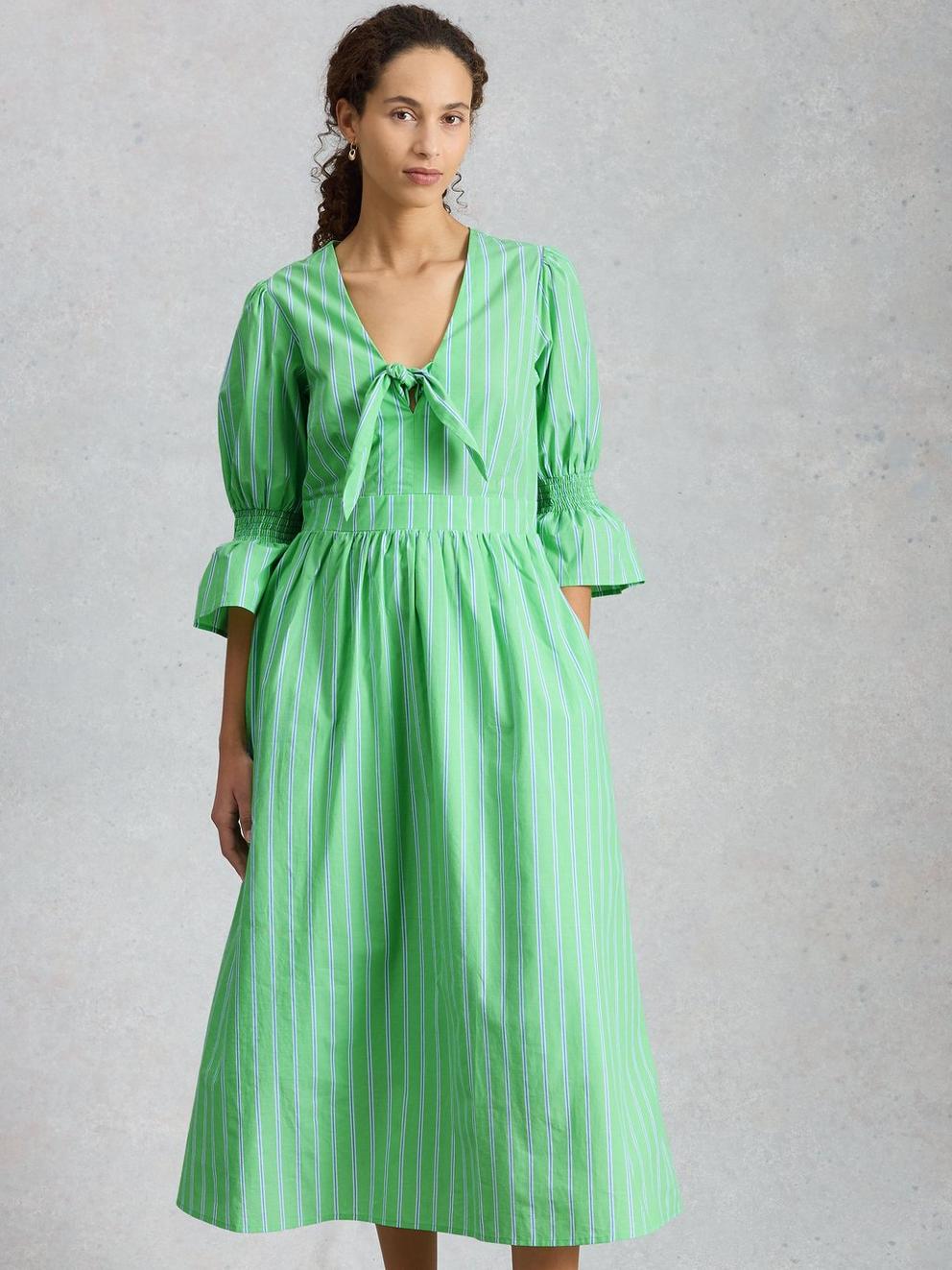 Maisie Poplin Stripe Dress in GREEN MLT - MODEL DETAIL