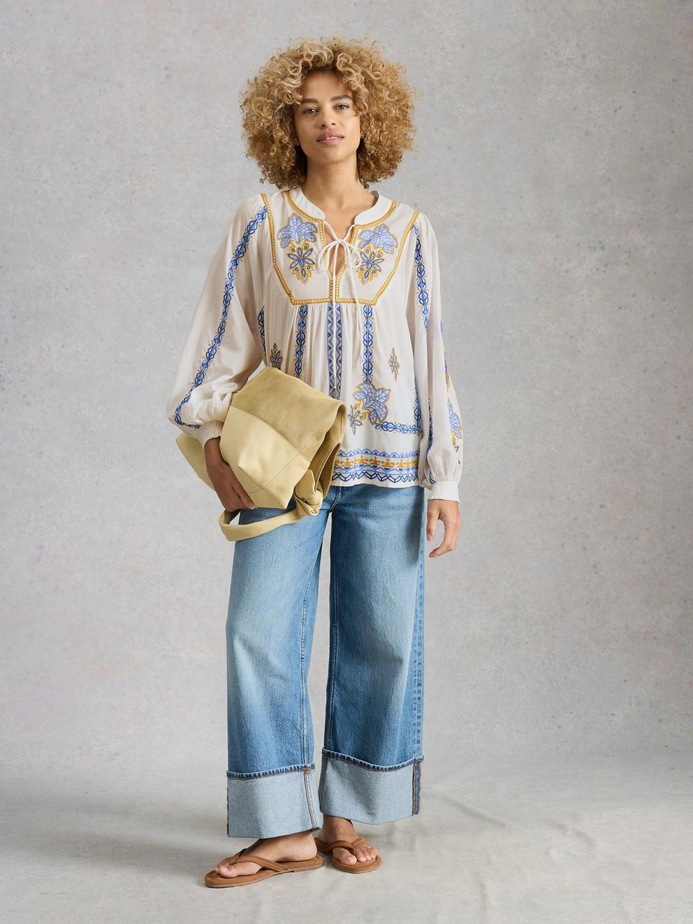 Ciara Embroidered Blouse in IVORY MLT - MODEL FRONT