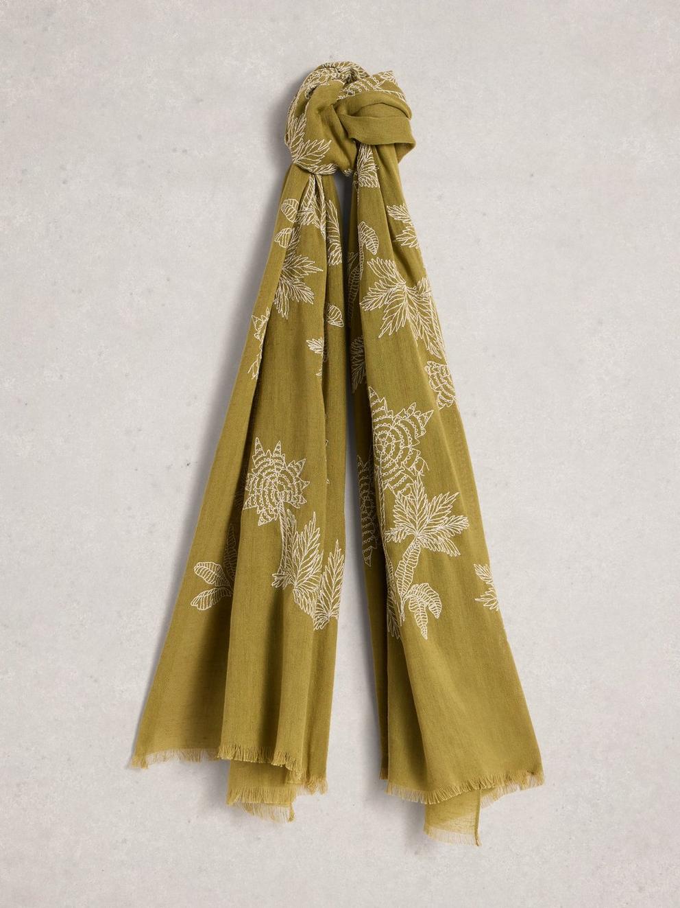 Embroidered Plain Scarf in KHAKI GRN - FLAT FRONT