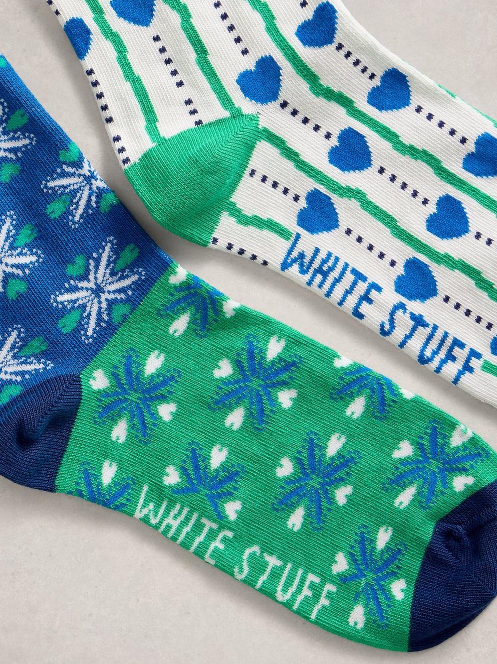 2PK Heart Print Ankle Socks in BLUE MLT - FLAT DETAIL