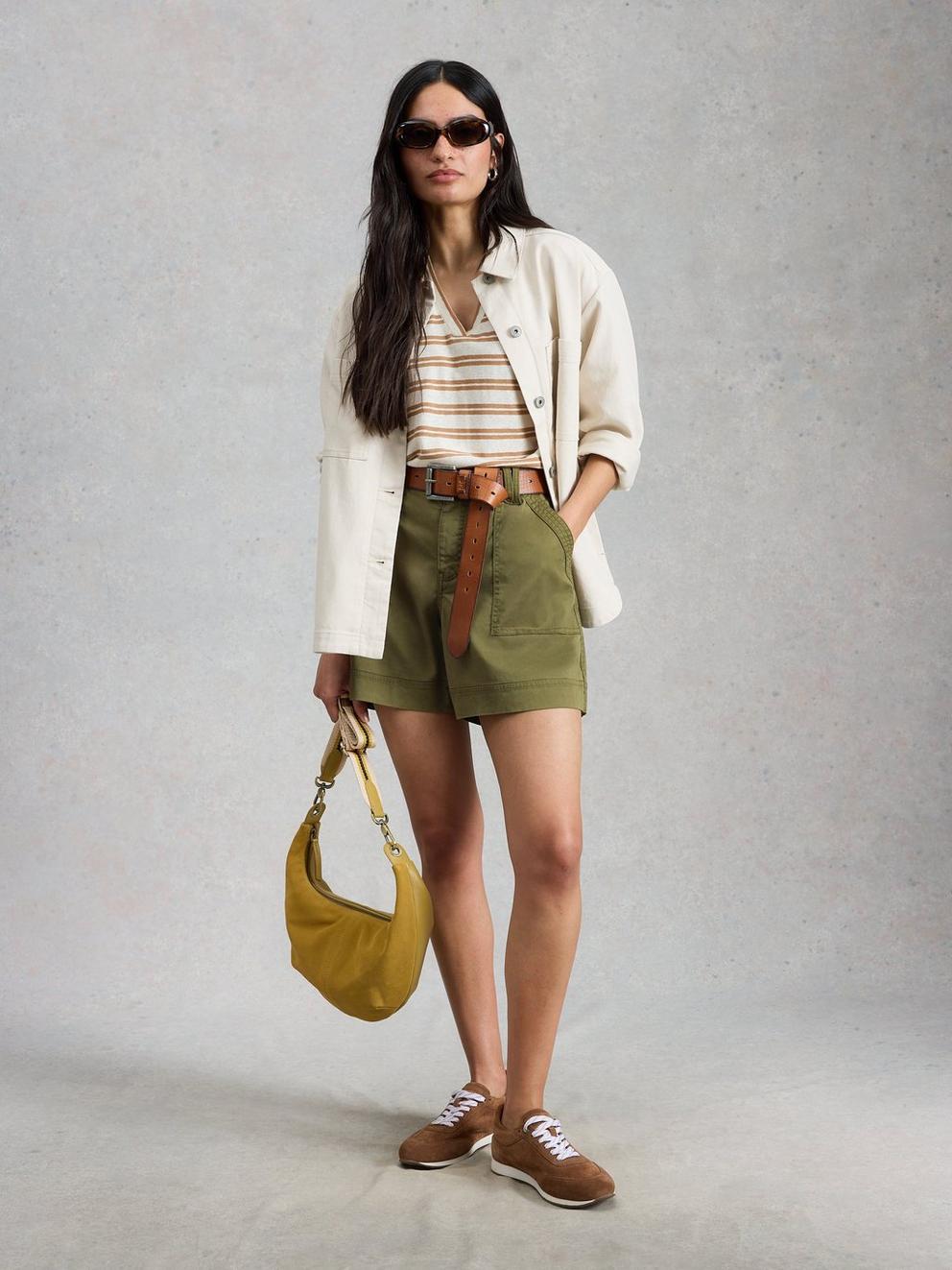 Gabby Combat Short in KHAKI GRN - MODEL FRONT