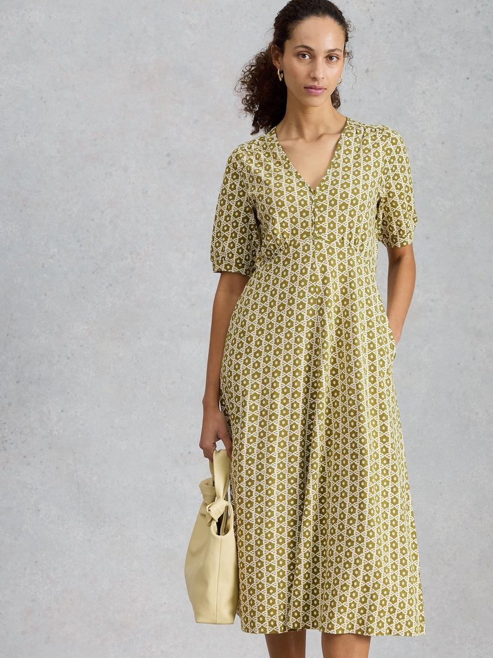 Megan Jersey Dress in GREEN MLT - MODEL DETAIL