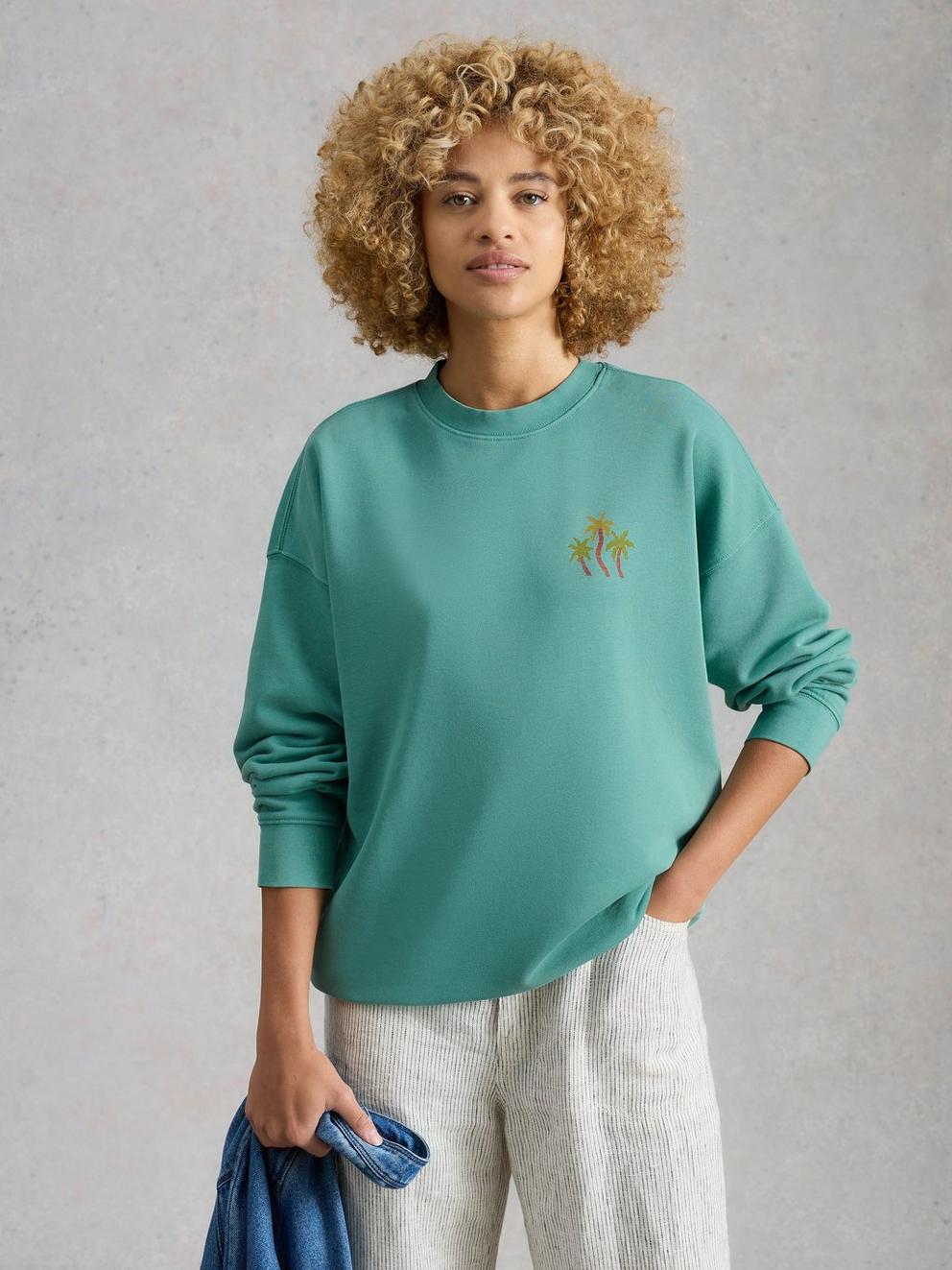 CLEO LONGLINE GRAPHIC SWEAT in TEAL PR - MODEL BACK