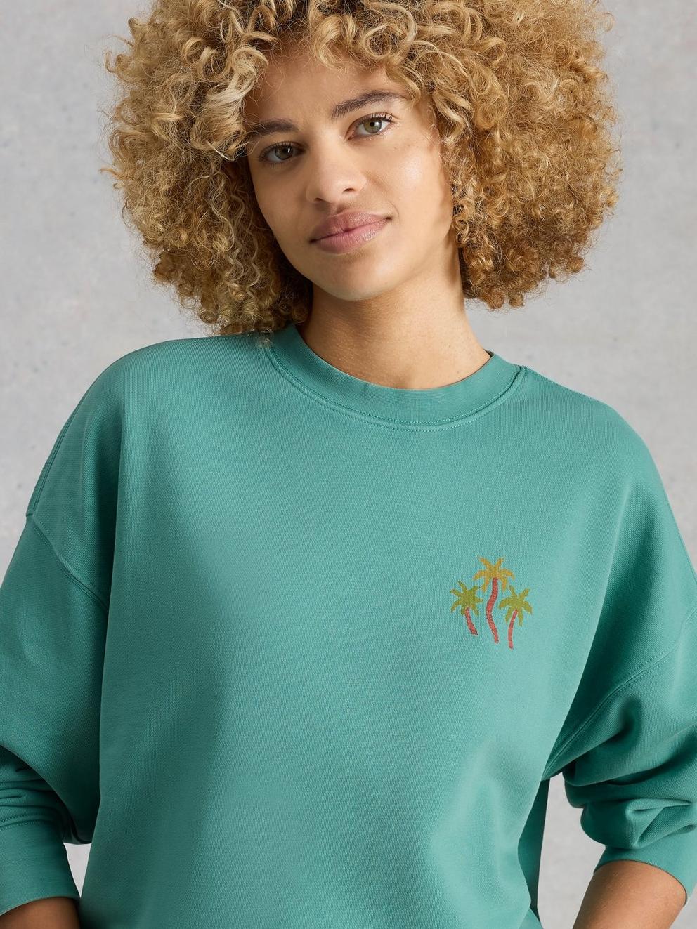 CLEO LONGLINE GRAPHIC SWEAT in TEAL PR - MODEL DETAIL