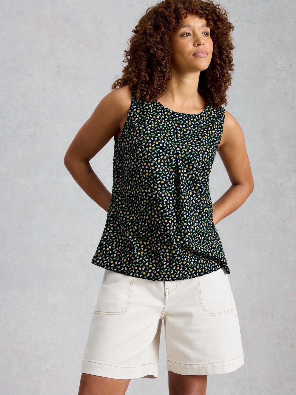 Paradise Organic Cotton Vest in NAVY MULTI - MODEL DETAIL