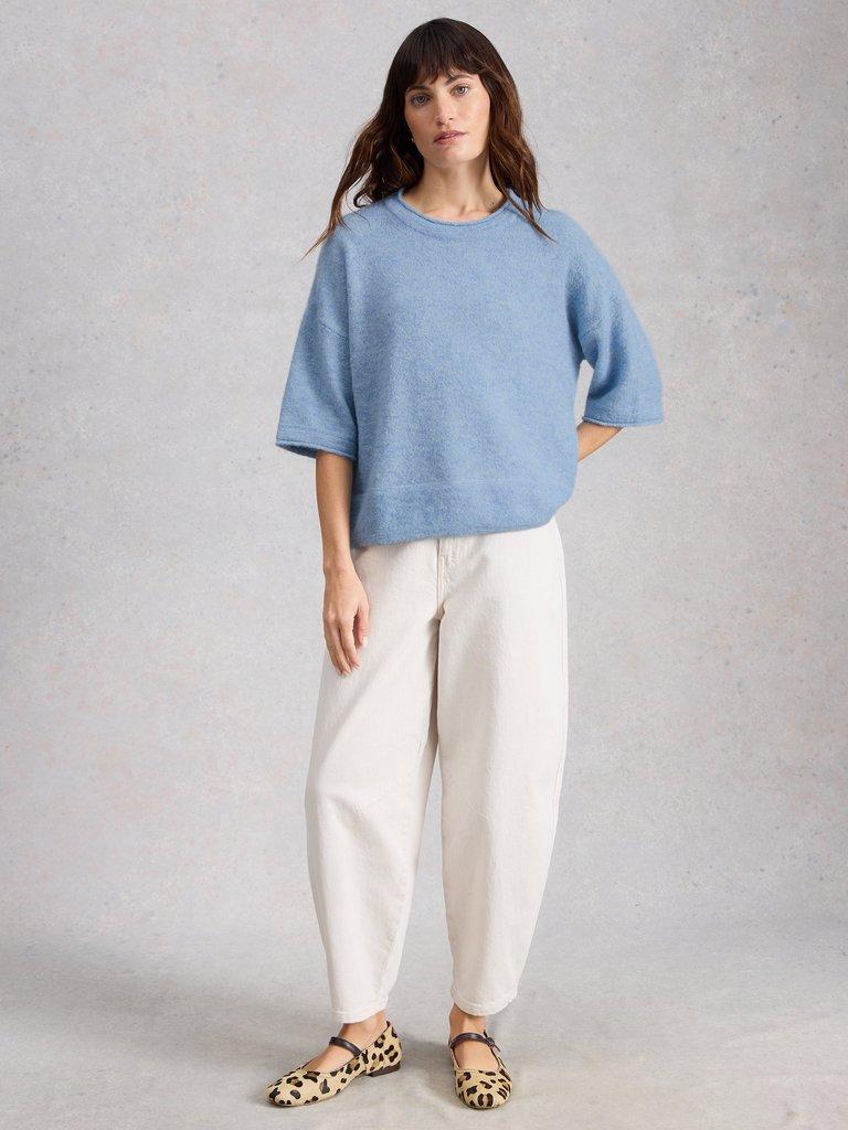 KATE CREW NECK KNITTED TEE in MID BLUE - MODEL FRONT