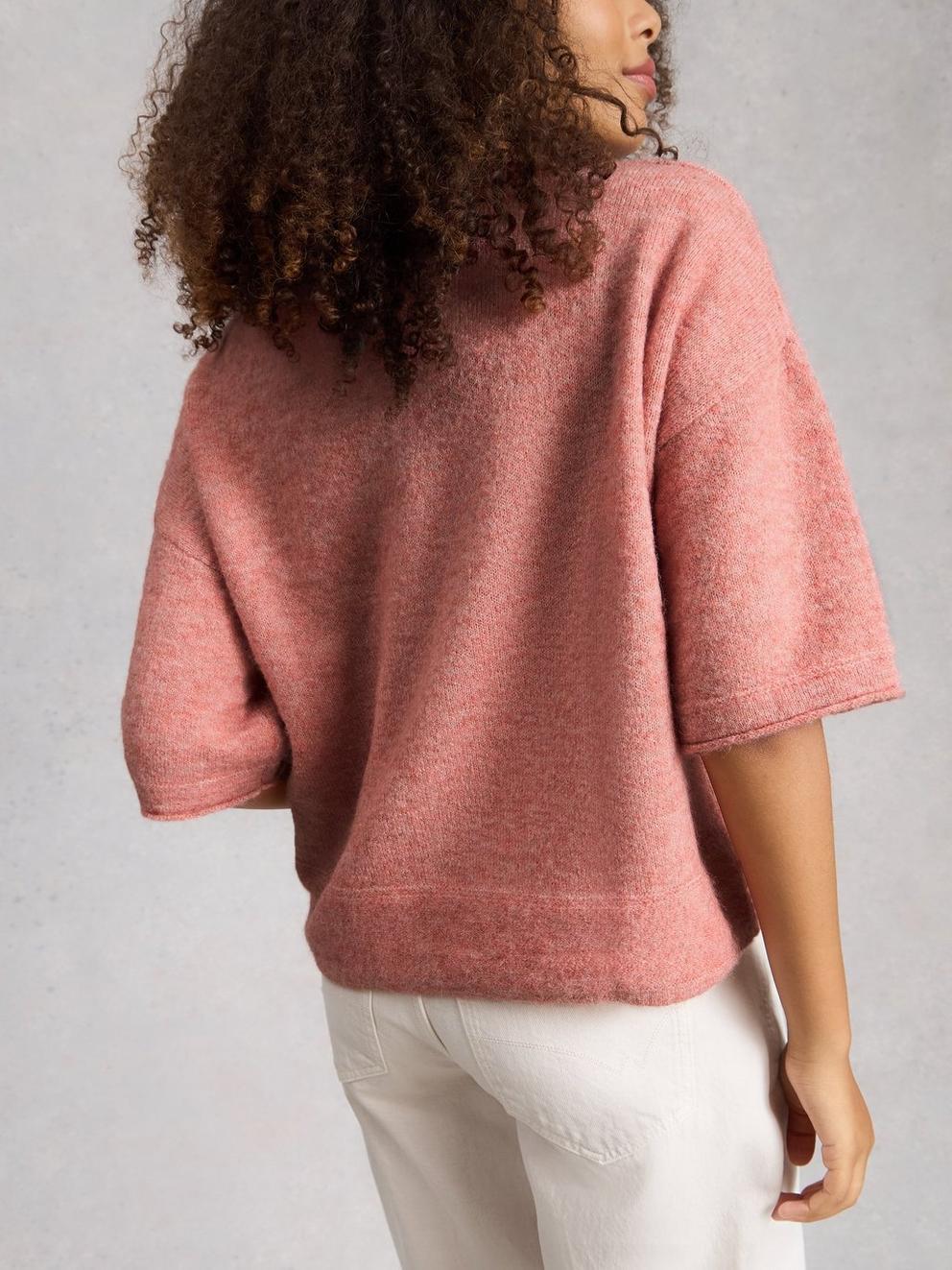 KATE CREW NECK KNITTED TEE in MID PINK - MODEL BACK