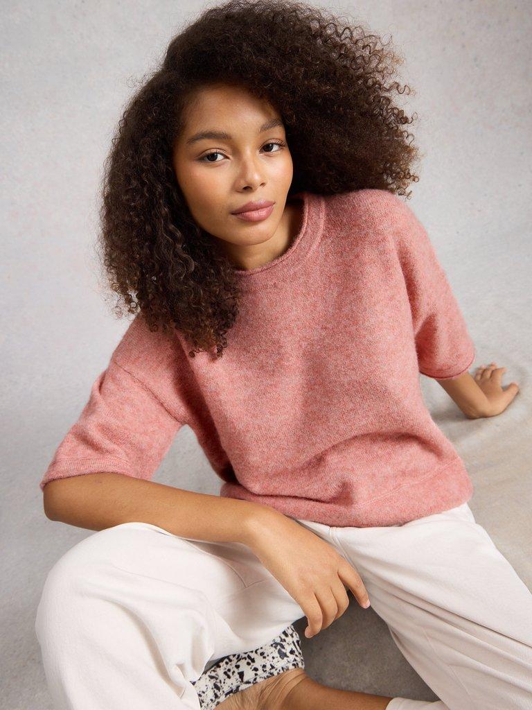 KATE CREW NECK KNITTED TEE in MID PINK - MODEL DETAIL
