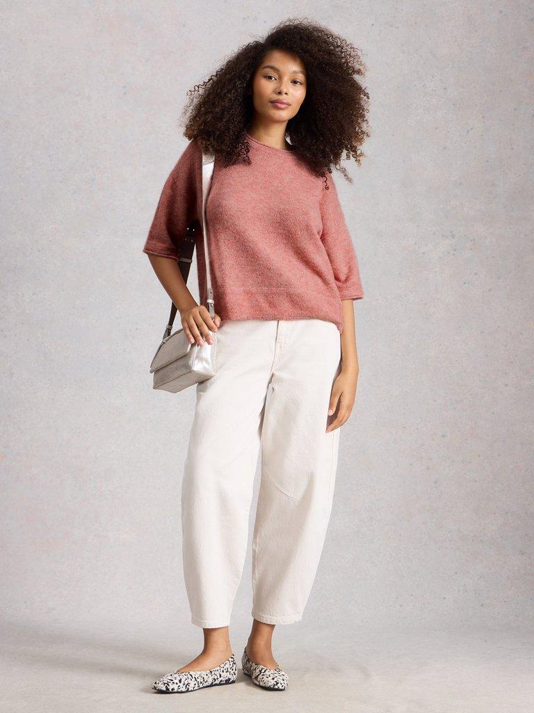 KATE CREW NECK KNITTED TEE in MID PINK - MODEL FRONT