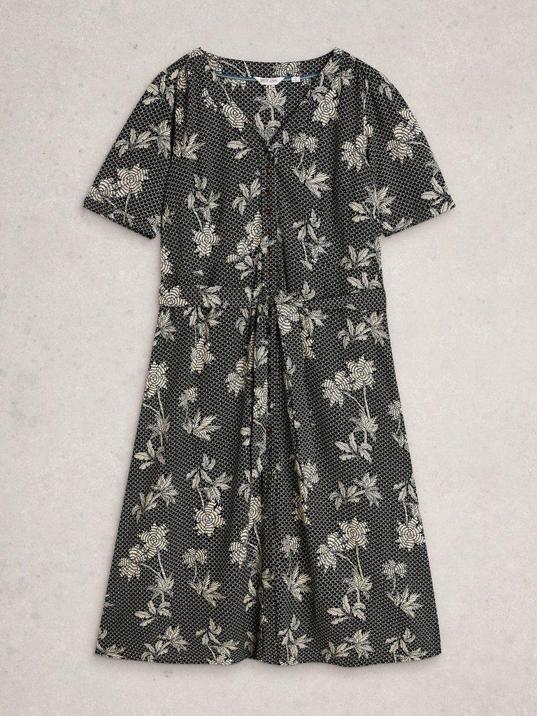 Val Linen Blend Midi Dress in BLK PR - FLAT FRONT