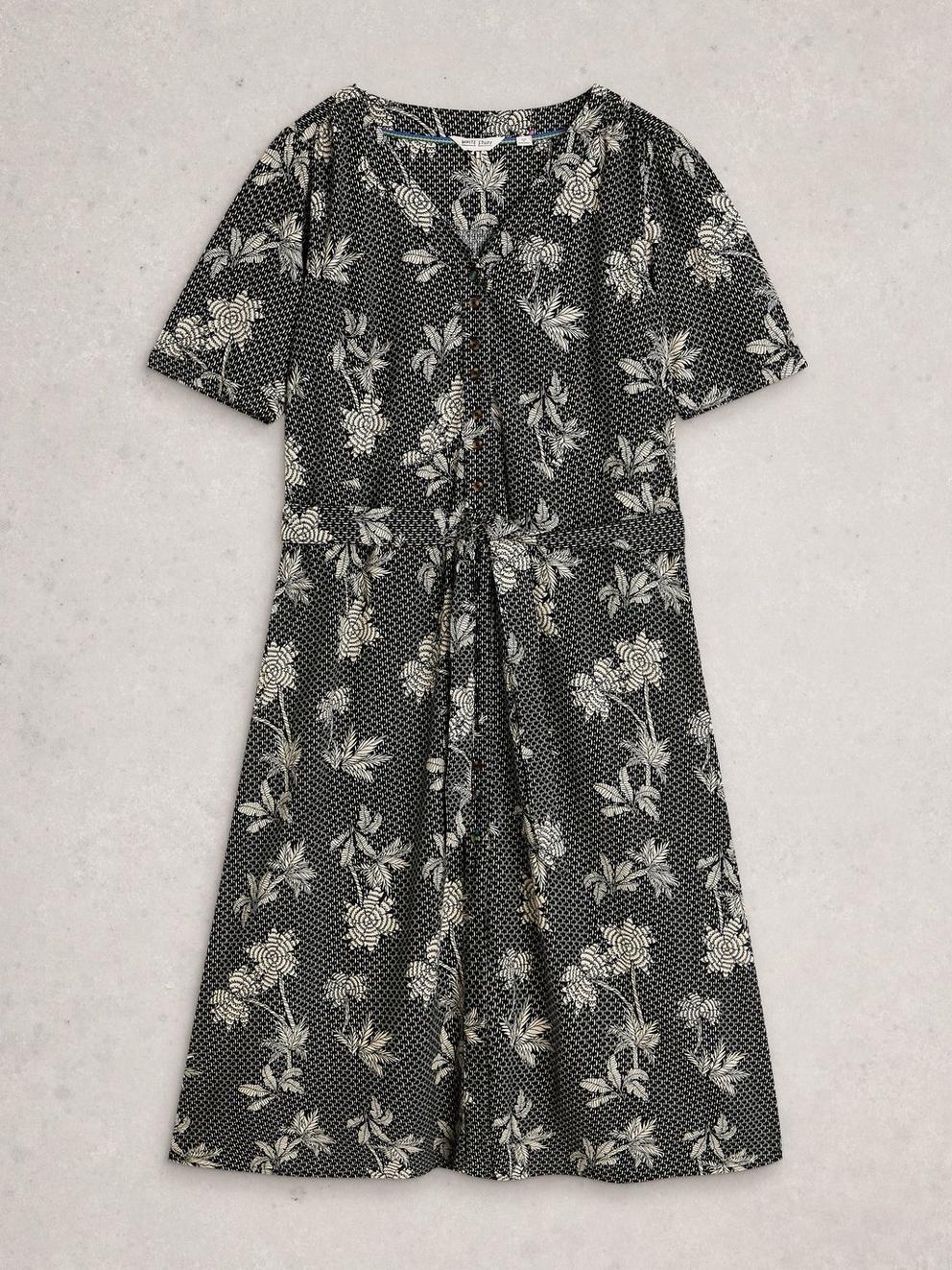 Val Linen Blend Midi Dress in BLK PR - FLAT FRONT
