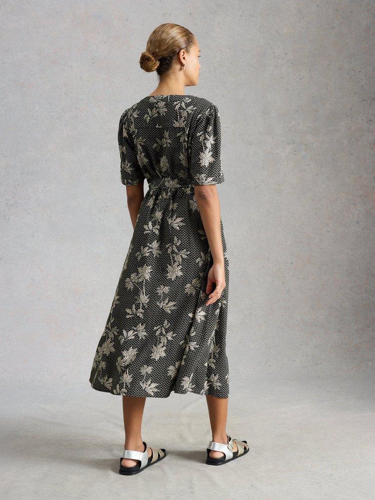 Val Linen Blend Midi Dress in BLK PR - MODEL BACK