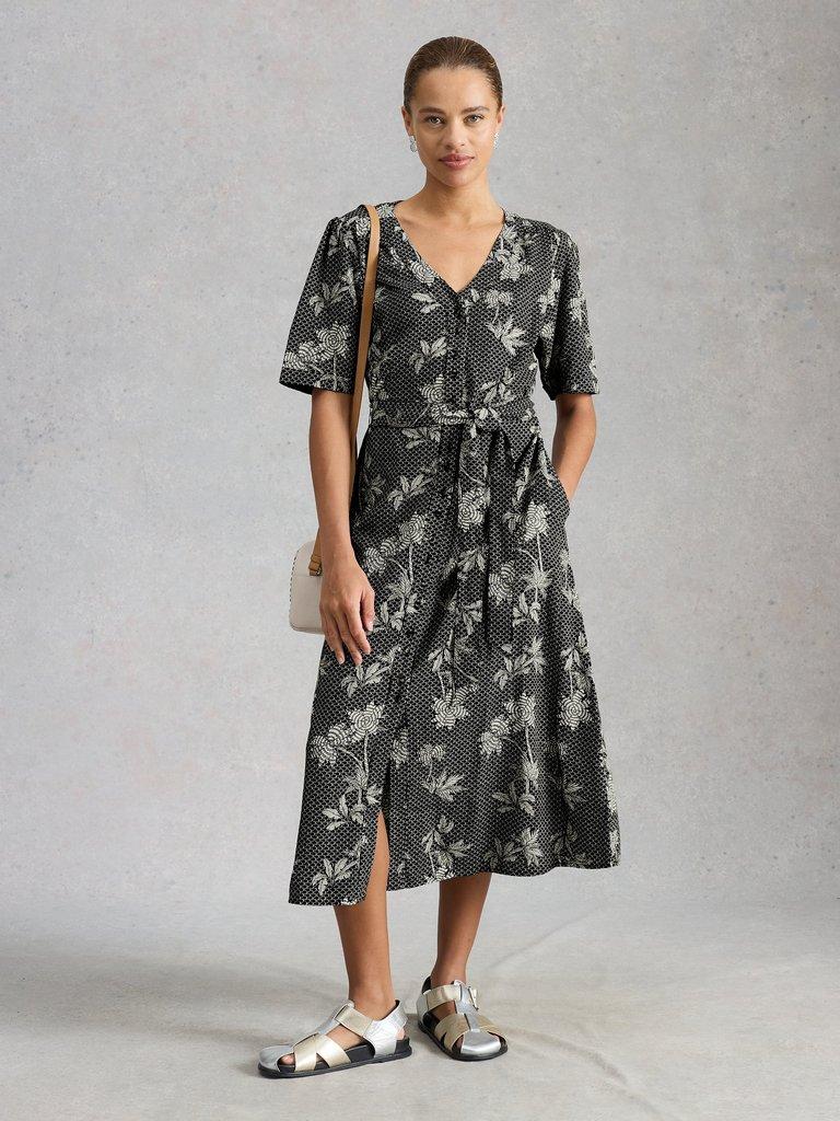Val Linen Blend Midi Dress in BLK PR - MODEL FRONT