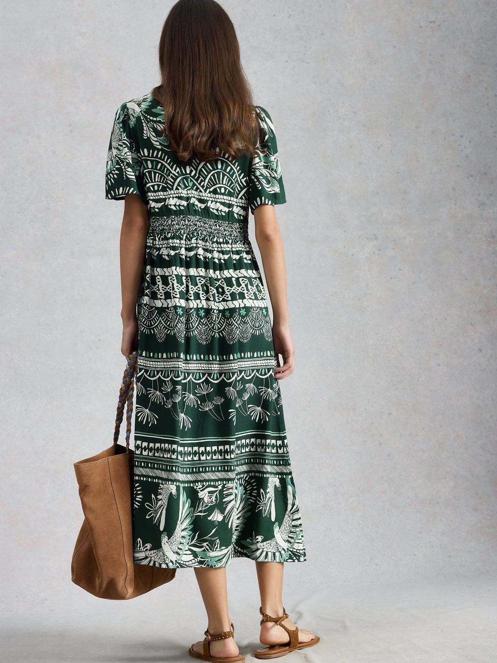 Lucy Printed Midi Dress in GREEN MLT - MODEL BACK