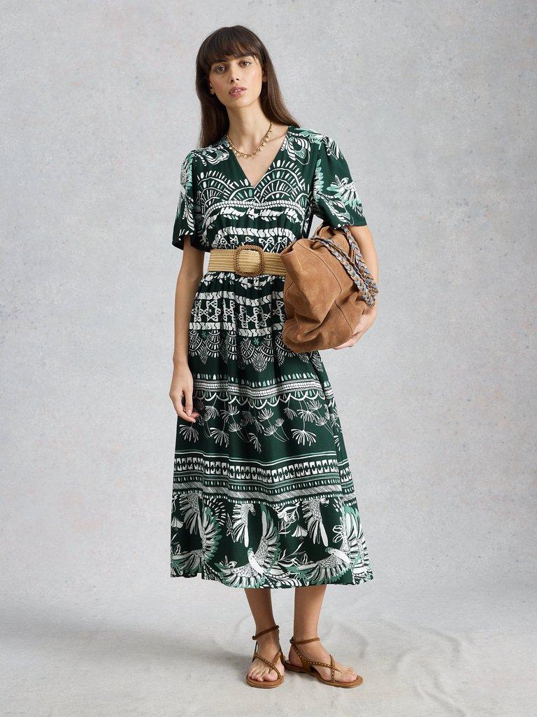Lucy Printed Midi Dress in GREEN MLT - MODEL FRONT