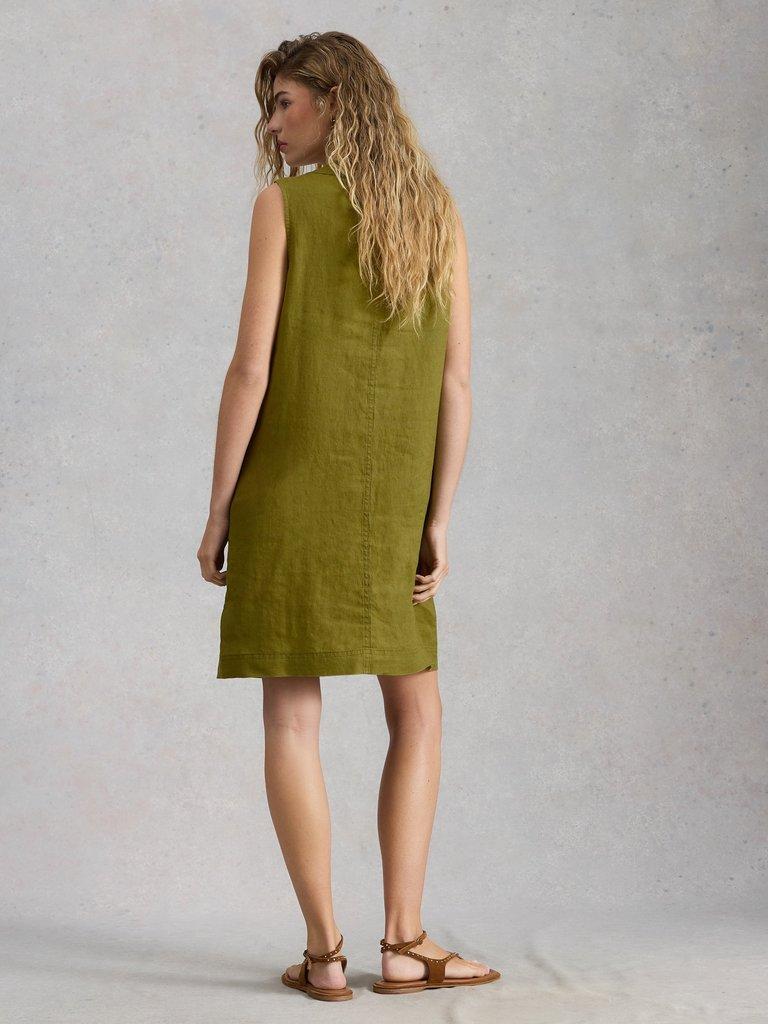 Millie Linen Shift Dress in MID GREEN - MODEL BACK