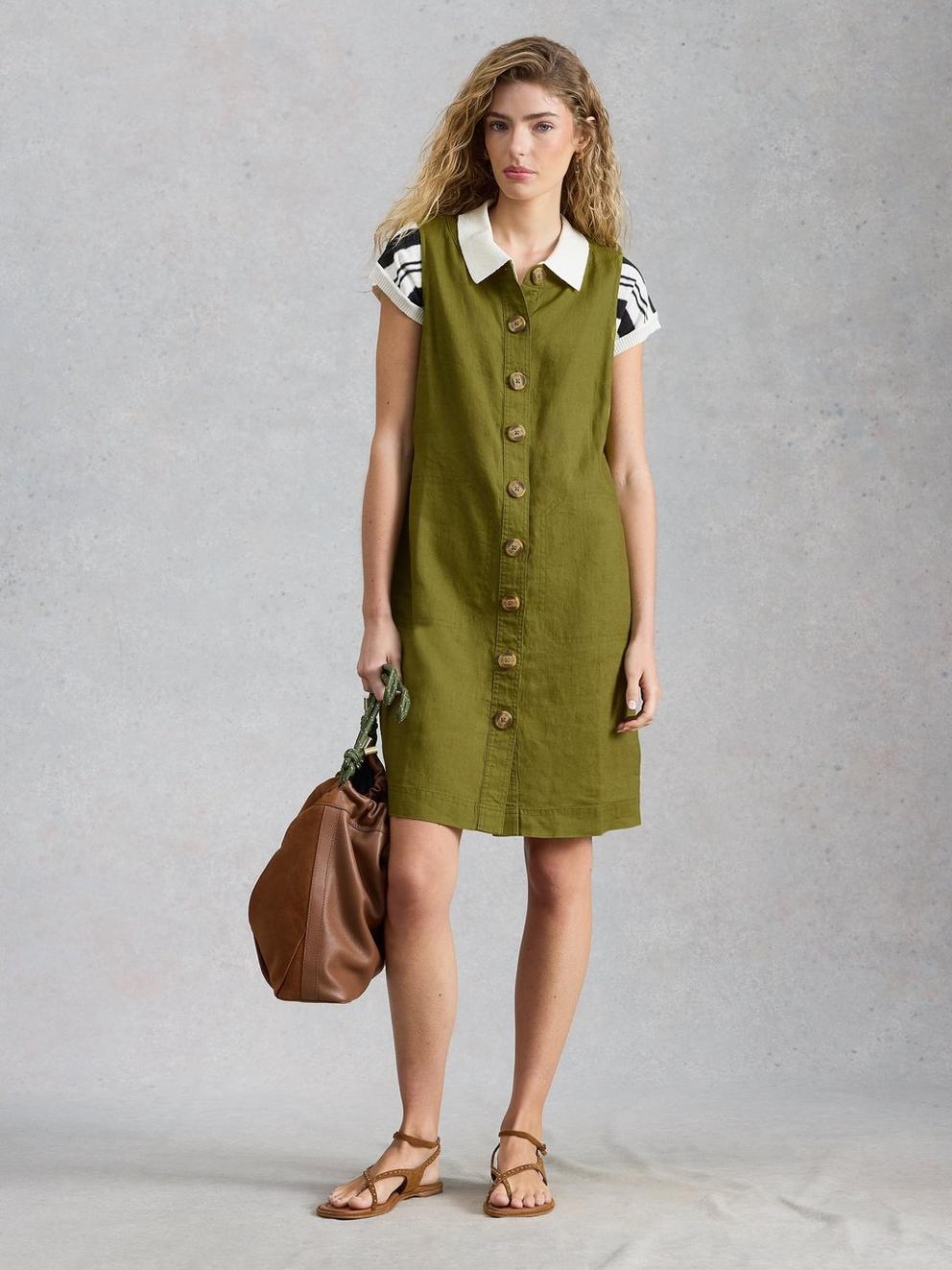 Millie Linen Shift Dress in MID GREEN - MODEL FRONT
