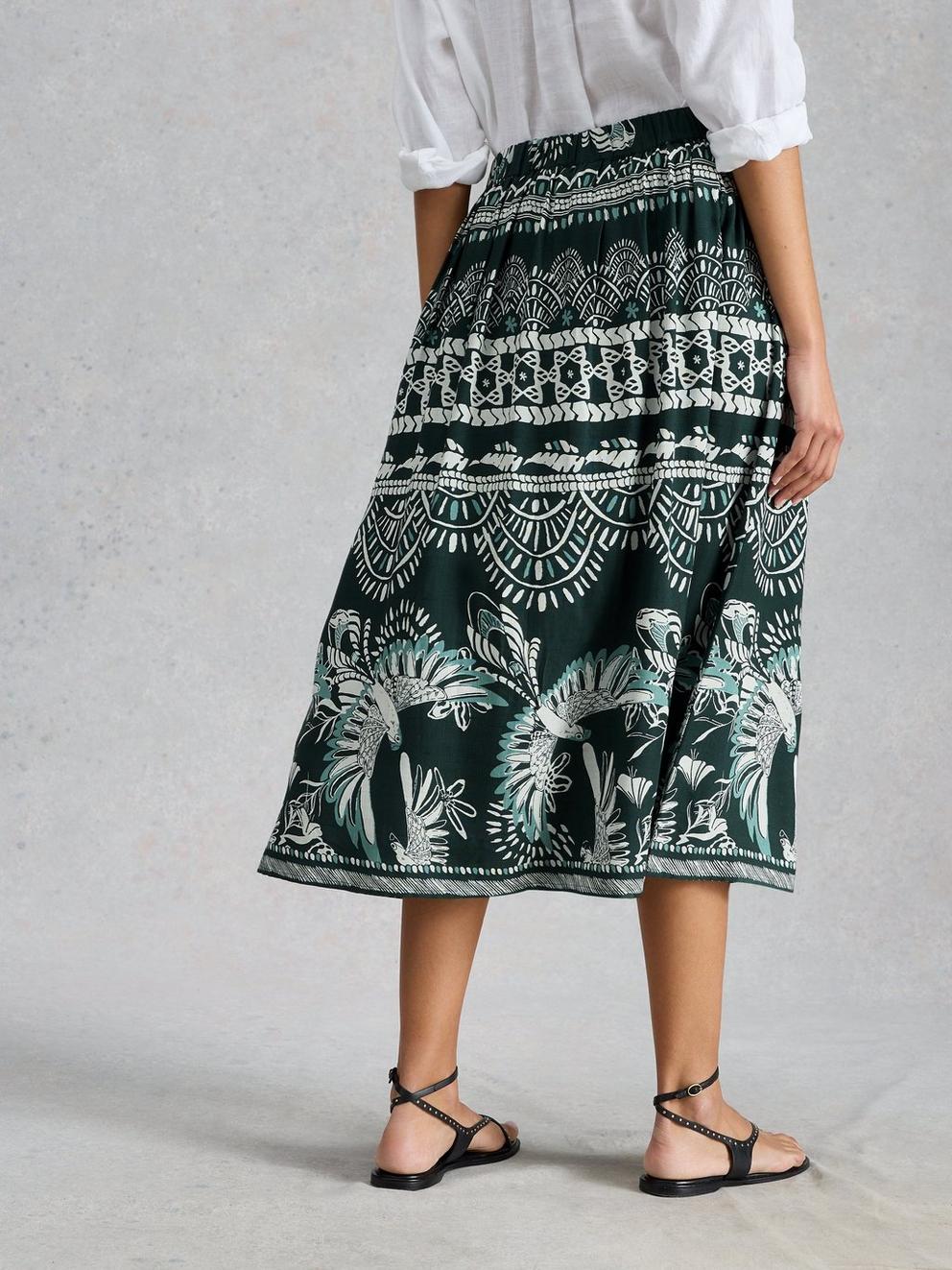 Abigail Midi Print Skirt in GREEN MLT - MODEL BACK