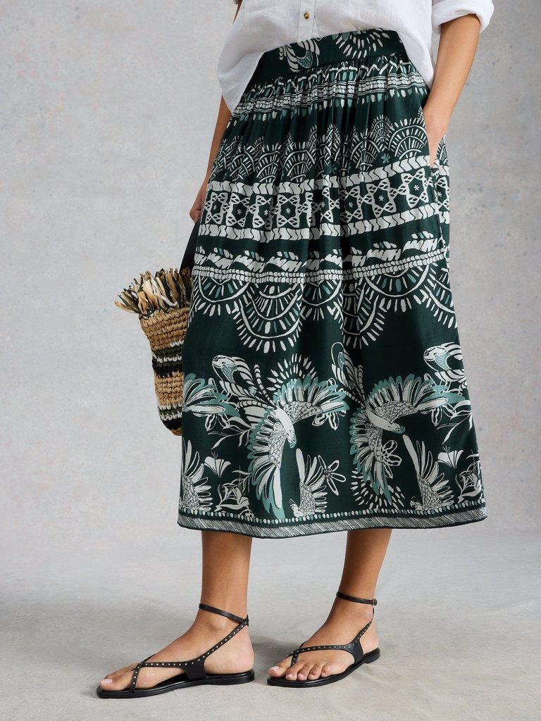 Abigail Midi Print Skirt in GREEN MLT - MODEL DETAIL