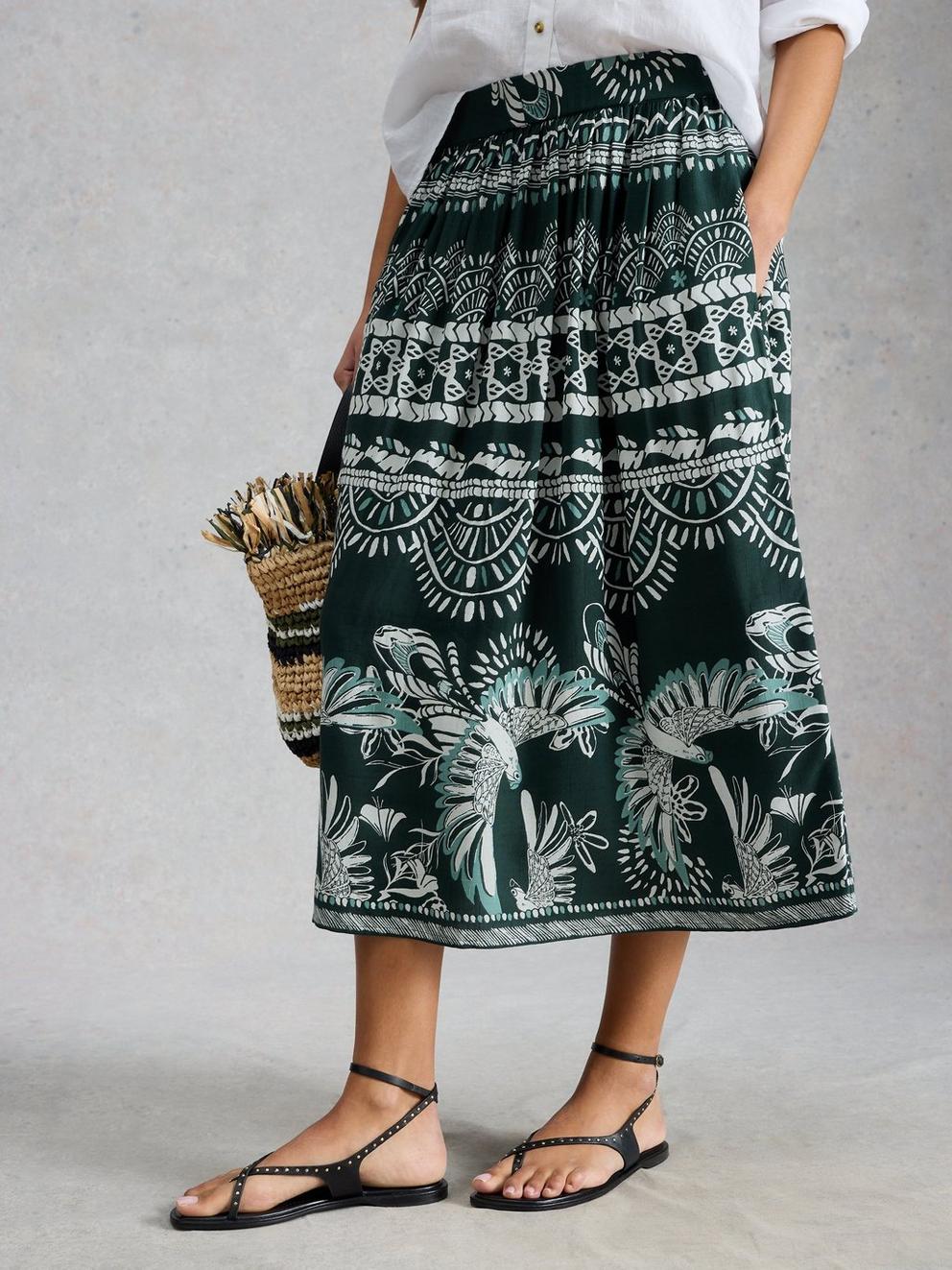 Abigail Midi Print Skirt in GREEN MLT - MODEL DETAIL