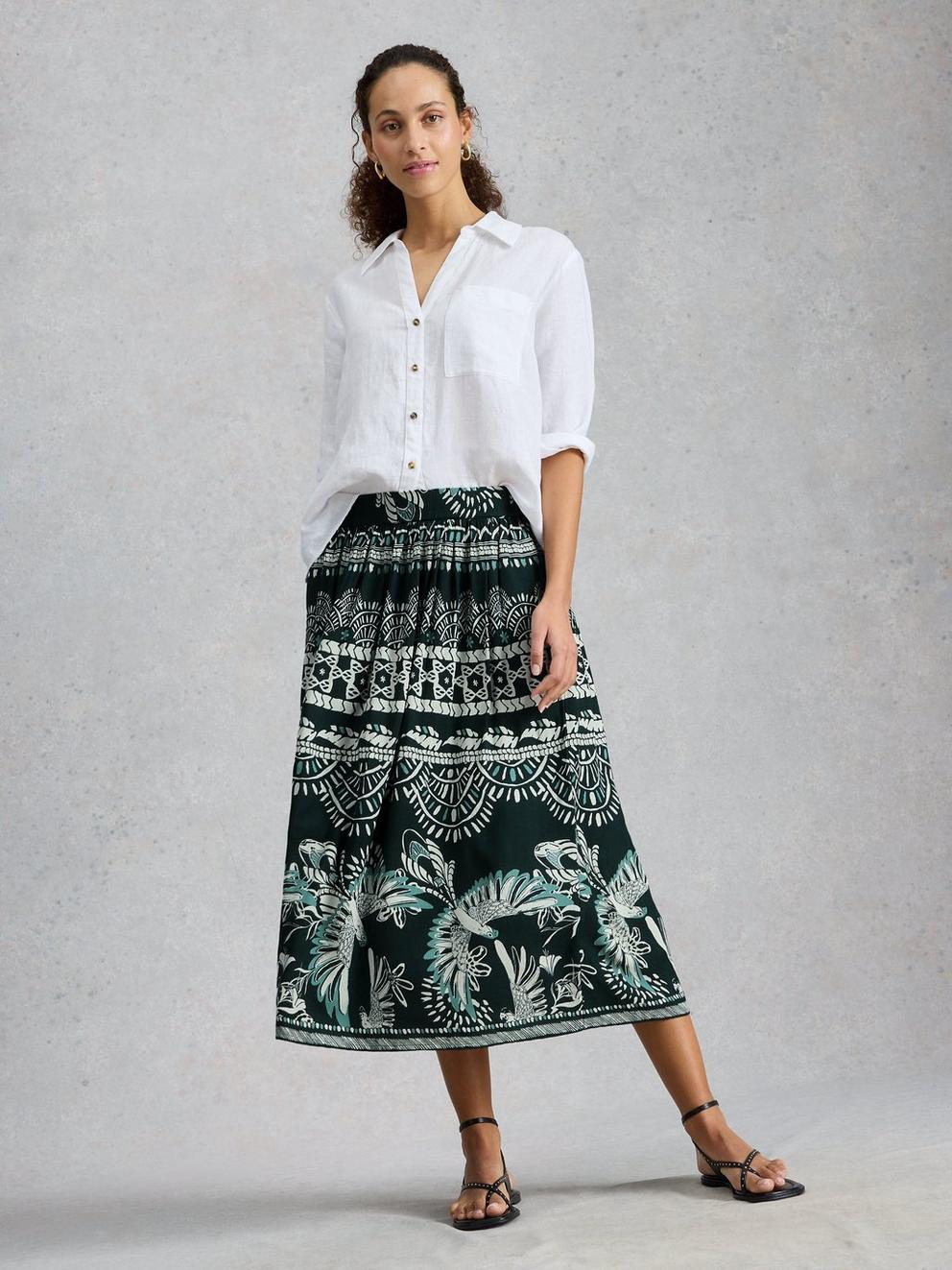 Abigail Midi Print Skirt in GREEN MLT - MODEL FRONT