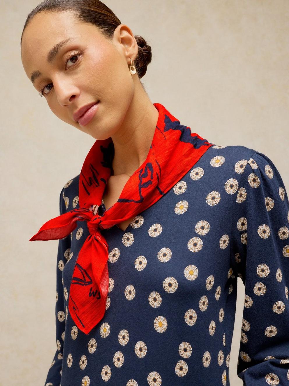 EMILY SQUARE PRINTED SCARF in RED MLT - MODEL FRONT