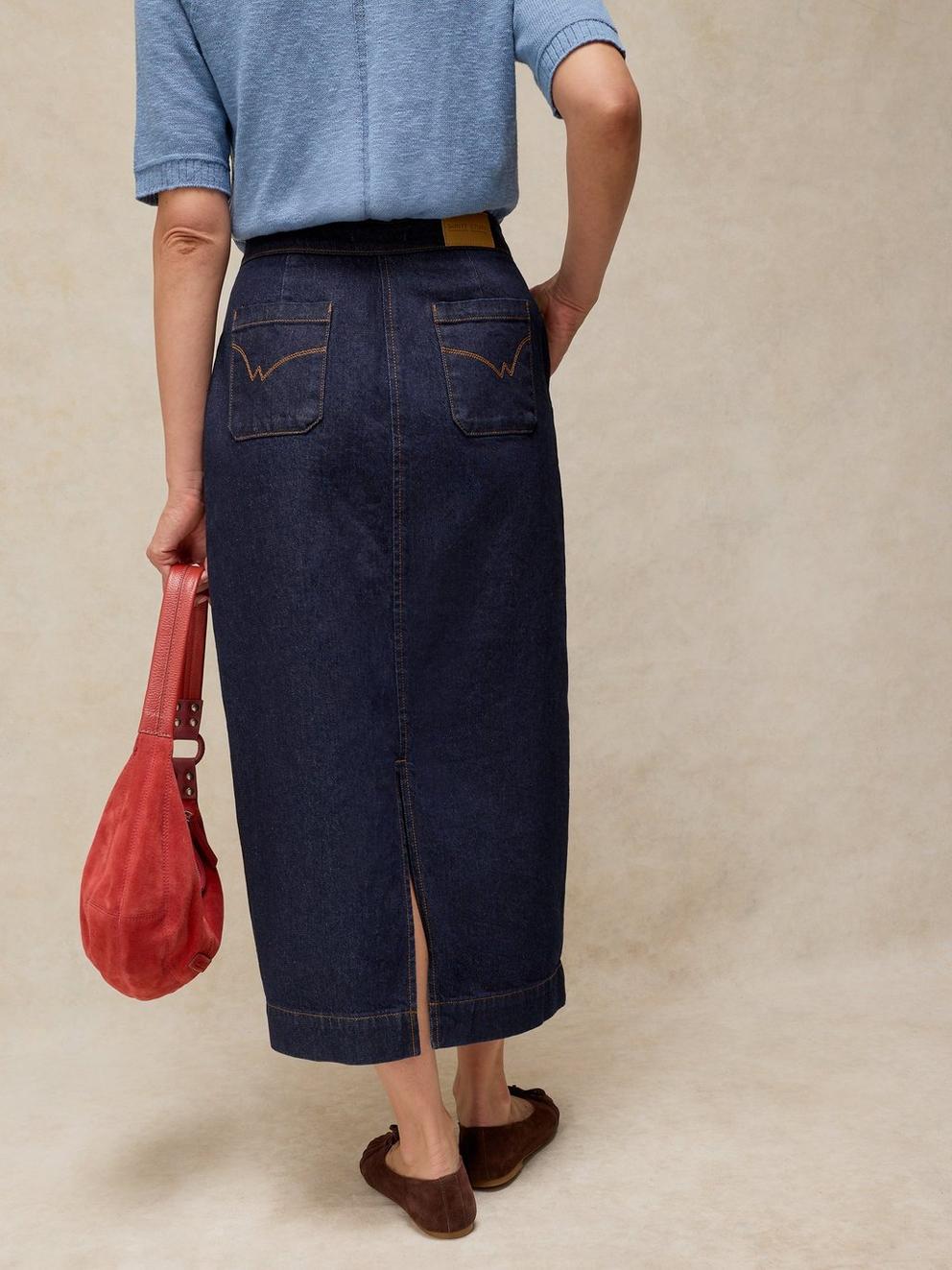 REESE DENIM MAXI SKIRT in DK DENIM - MODEL BACK