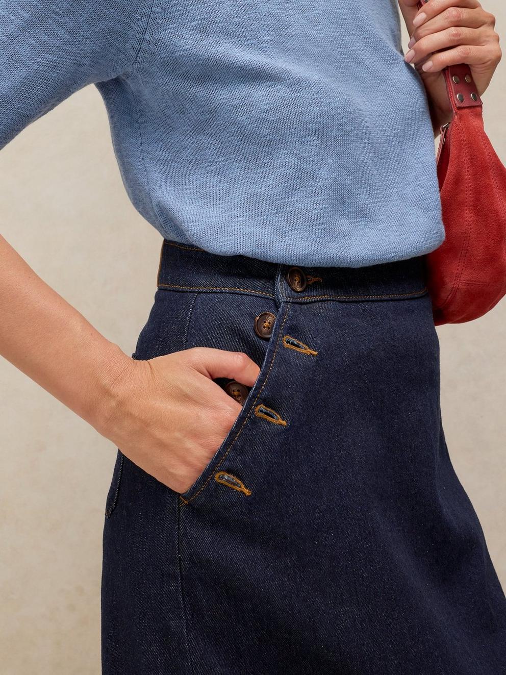 REESE DENIM MAXI SKIRT in DK DENIM - MODEL DETAIL