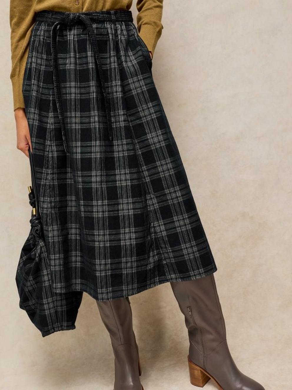 ANNIKA CORD CHECK MIDI SKIRT in BLACK MULTI | White Stuff