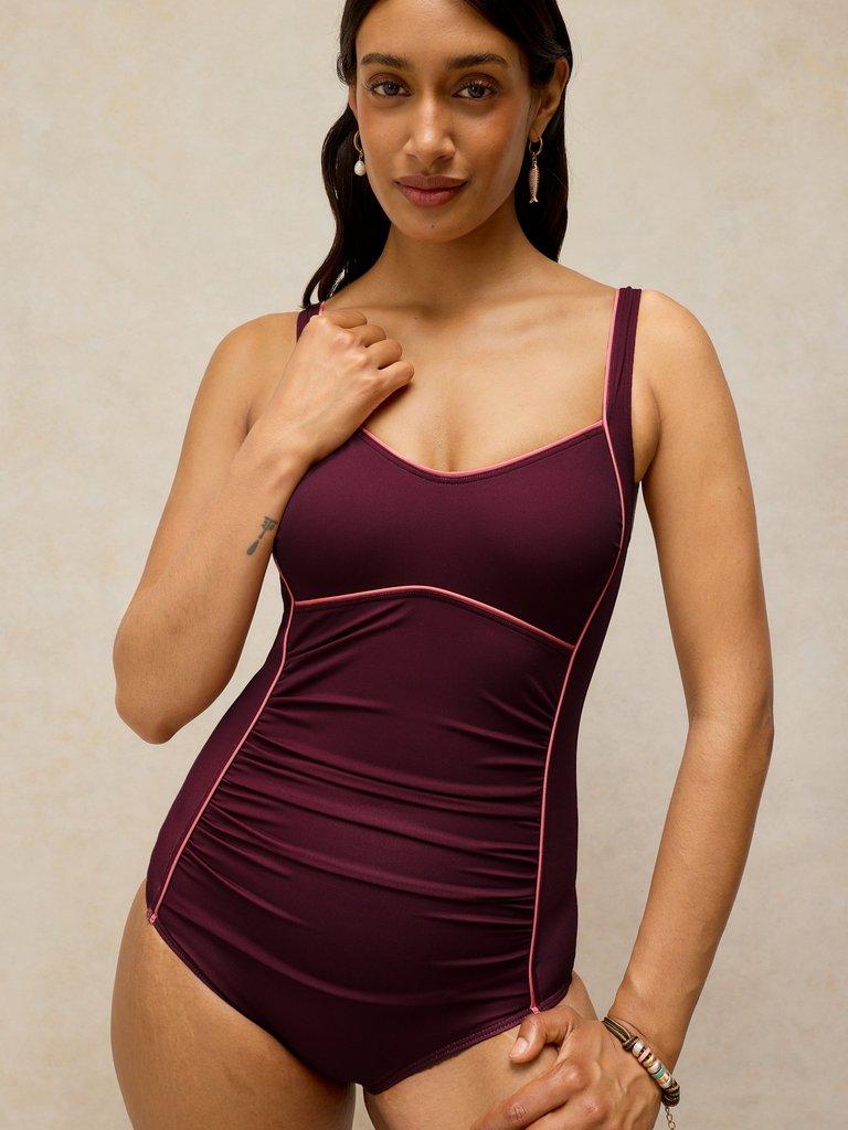 SPLASH CONTROL SWIMSUIT in MID PLUM - MODEL DETAIL