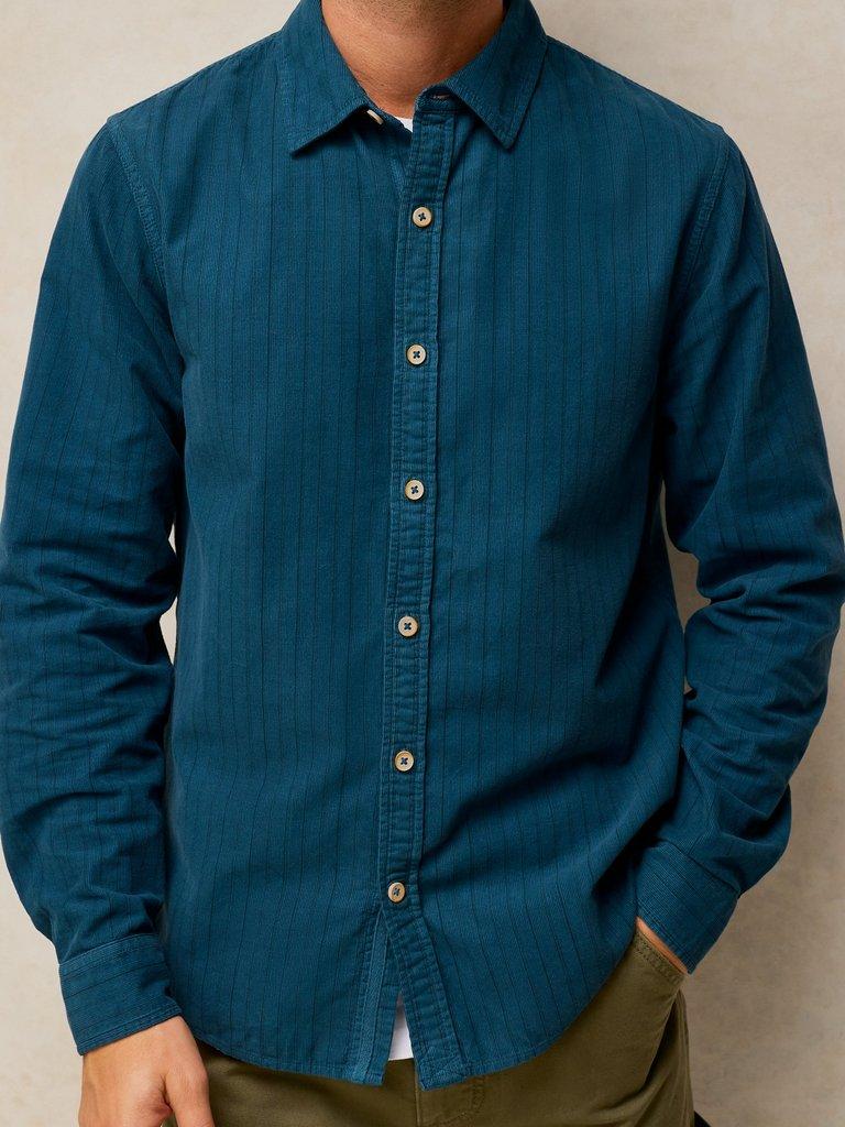 BRUTON CORD SHIRT in DK TEAL - MODEL DETAIL