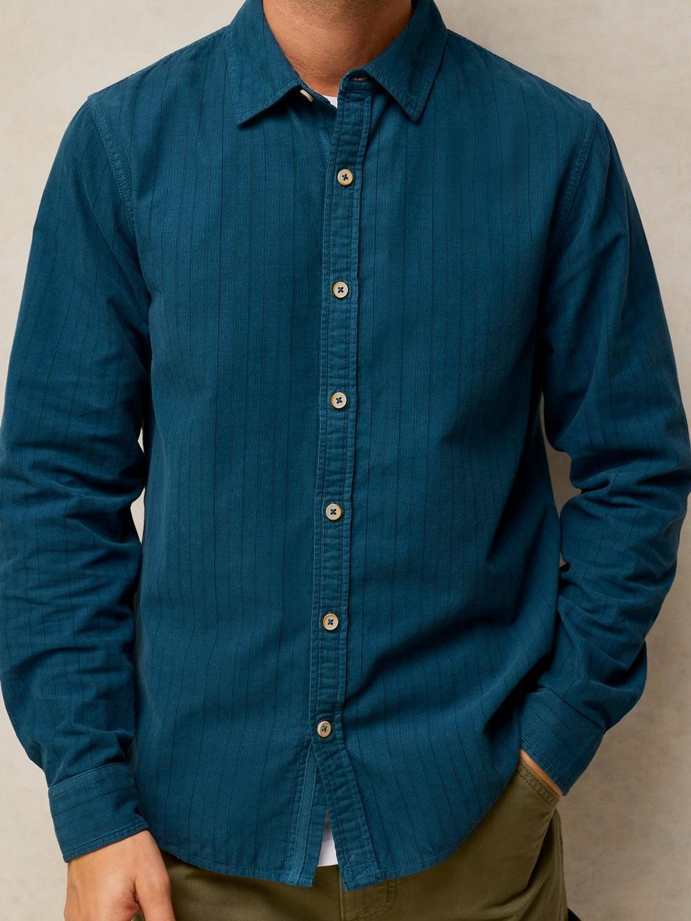 BRUTON CORD SHIRT in DK TEAL - MODEL DETAIL