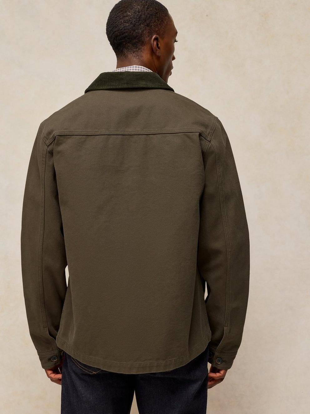 WESTGATE CORD MIX JACKET in KHAKI GRN - MODEL BACK