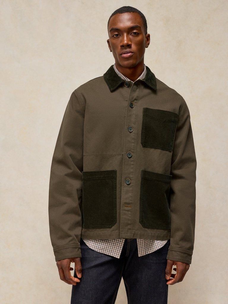 WESTGATE CORD MIX JACKET in KHAKI GRN - MODEL FRONT