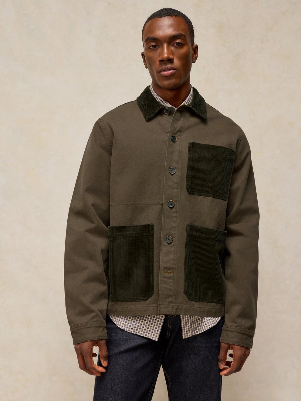 WESTGATE CORD MIX JACKET in KHAKI GRN - MODEL FRONT