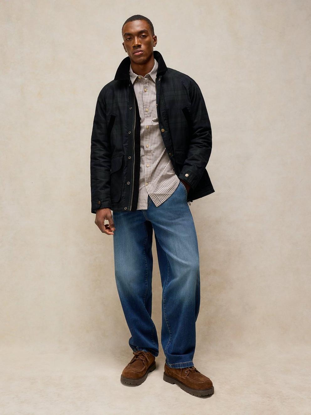 FILEY CHECK WAX JACKET in NAVY MULTI - MODEL FRONT