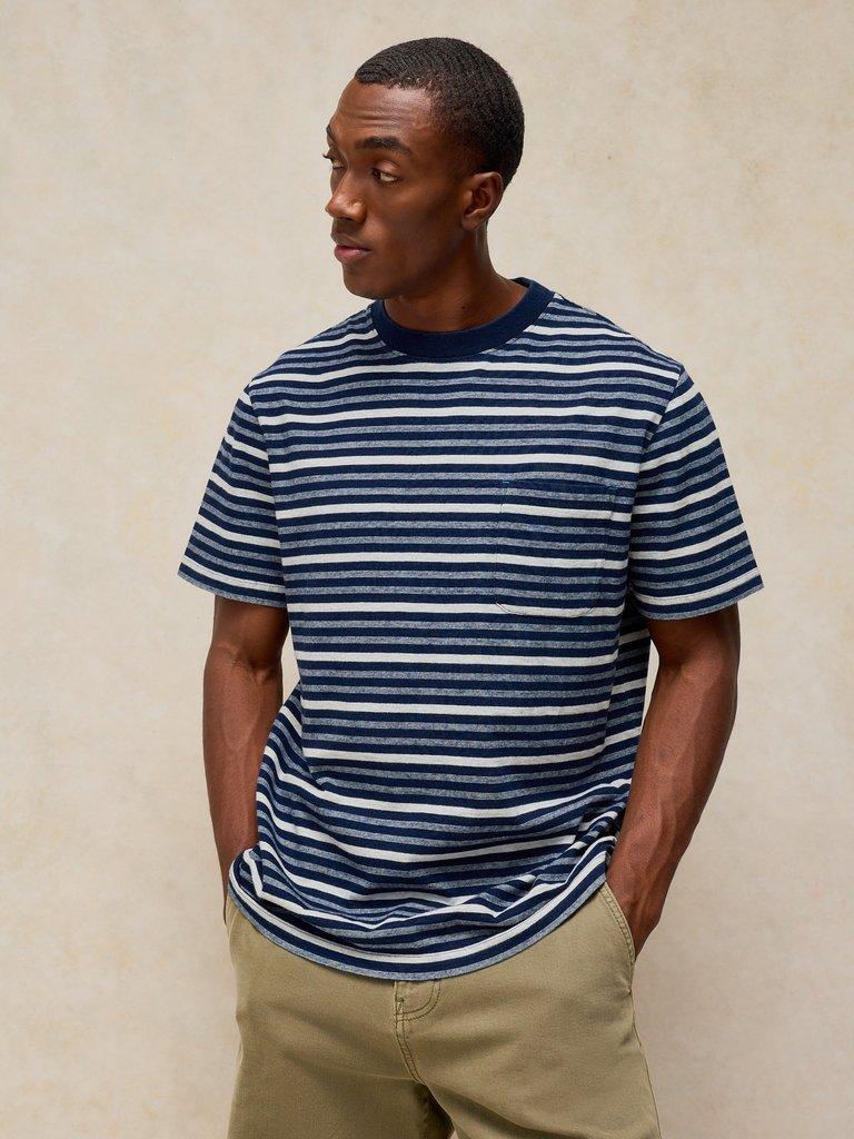 HORSHAM INDIGO STRIPE TEE in BLUE MLT - MODEL DETAIL