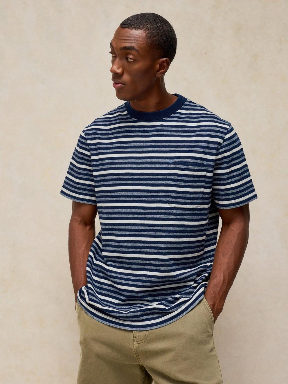 HORSHAM INDIGO STRIPE TEE in BLUE MLT - MODEL DETAIL