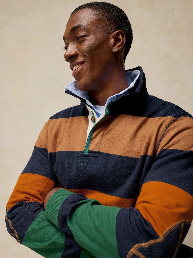 YARMOUTH STRIPE RUGBY TOP in NAVY MULTI - MODEL DETAIL