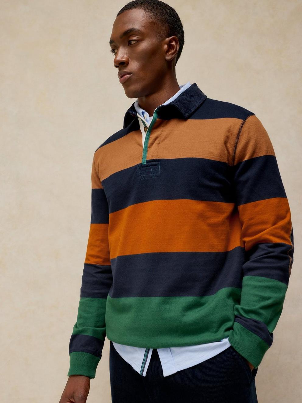 YARMOUTH STRIPE RUGBY TOP in NAVY MULTI - MODEL FRONT