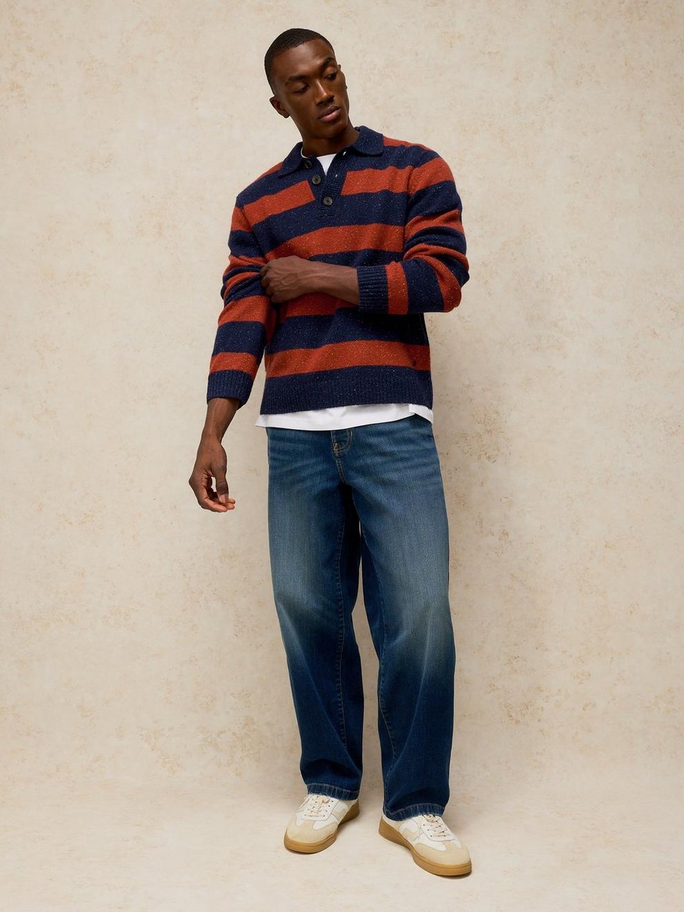 BUCKLEY STRIPED RUGBY JUMPER in NAVY MULTI - MODEL FRONT