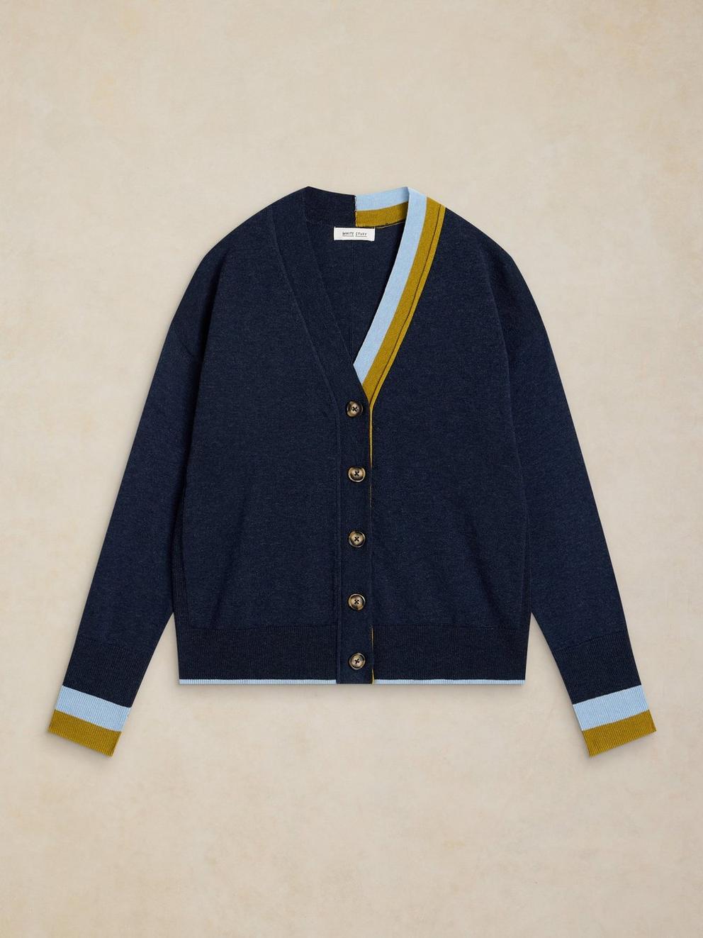 KATIE V NK CARDIGAN in NAVY MULTI - FLAT FRONT