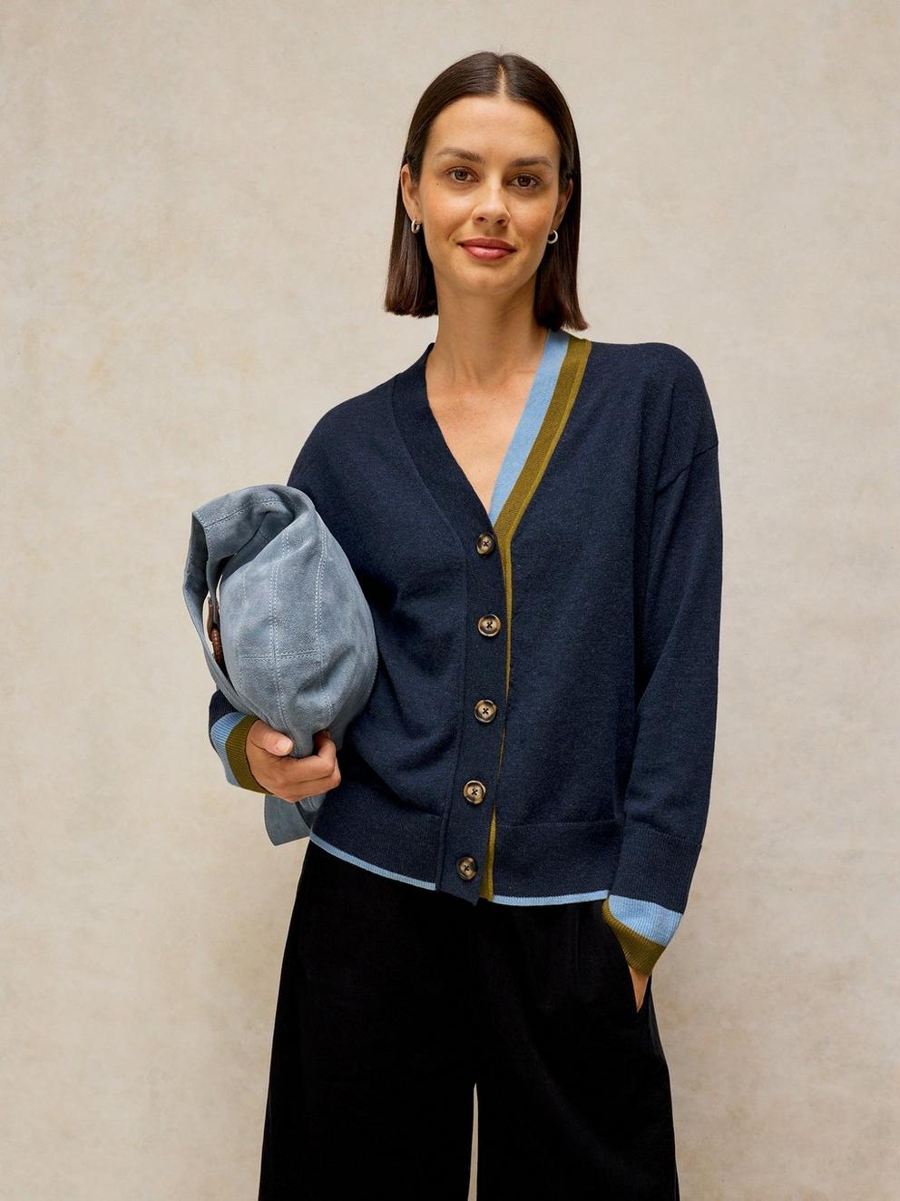 KATIE WOOL VEE NECK CARDIGAN in NAVY MULTI | White Stuff
