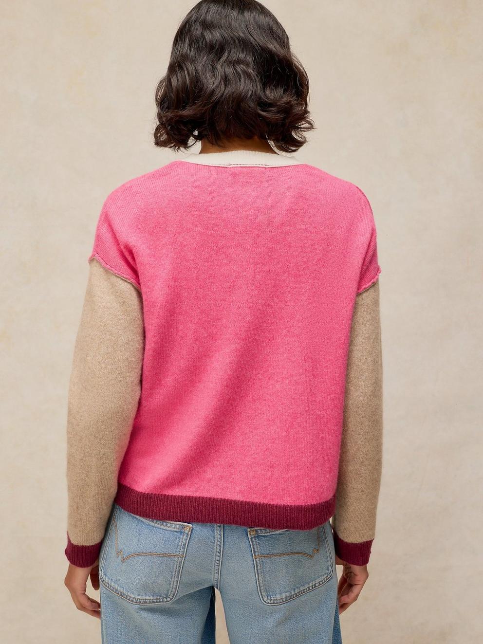 SANSA COLOURBLOCK CARDI in PINK MLT - MODEL BACK