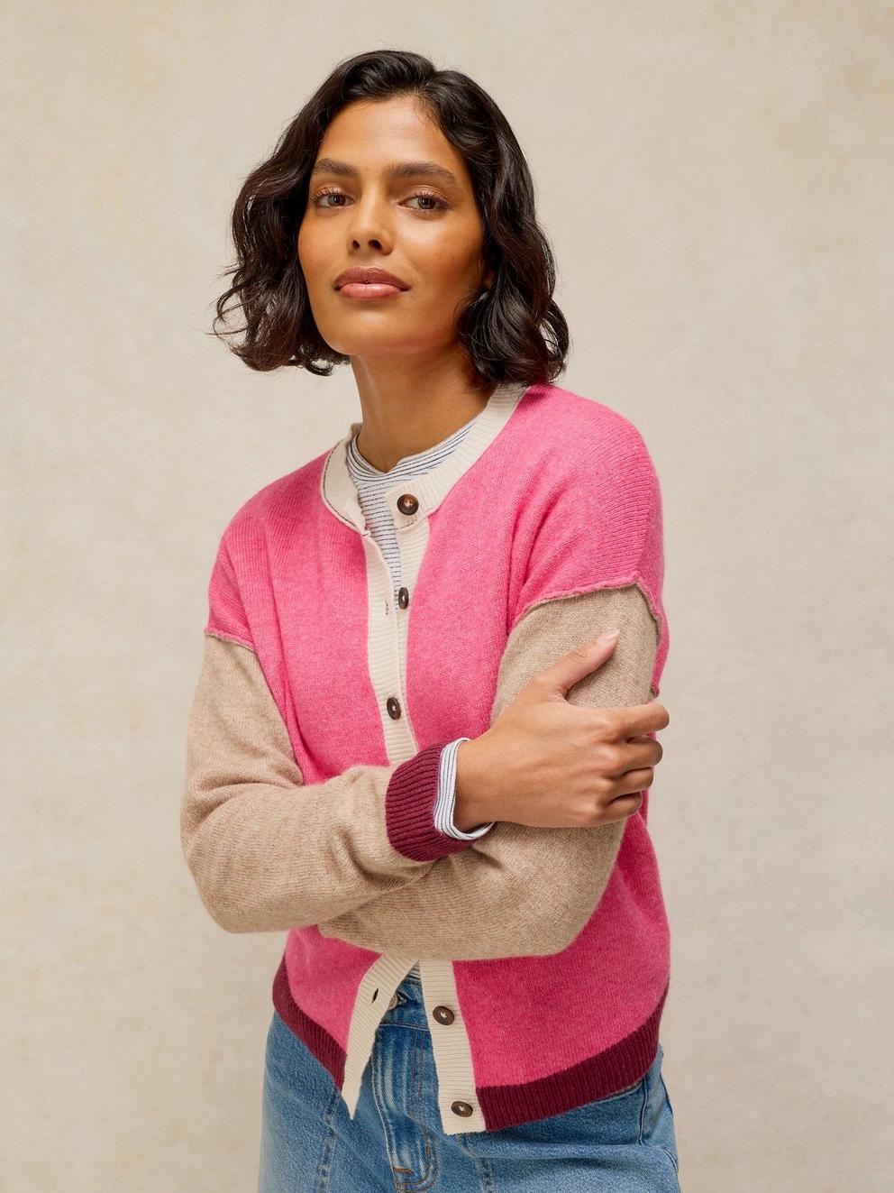 SANSA COLOURBLOCK CARDI in PINK MLT - MODEL DETAIL